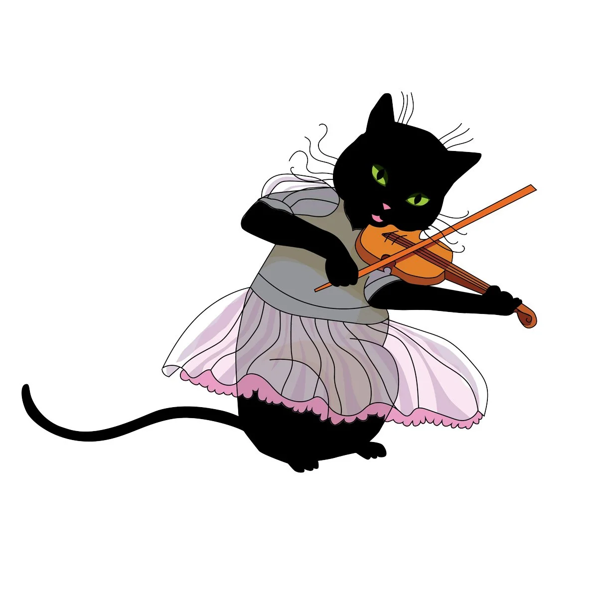black cat in pink dress playing the violin, illustrated by Terry Marks