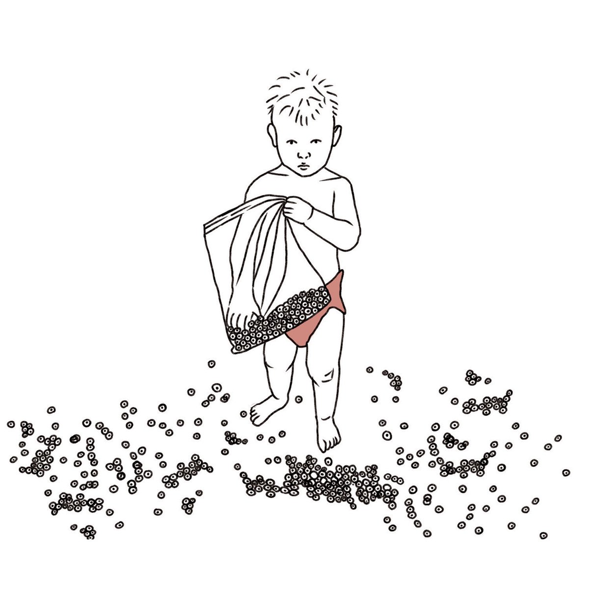 Mischievous toddler making a mess with breakfast cereal, Dad Truths, illustrated by Terry Marks