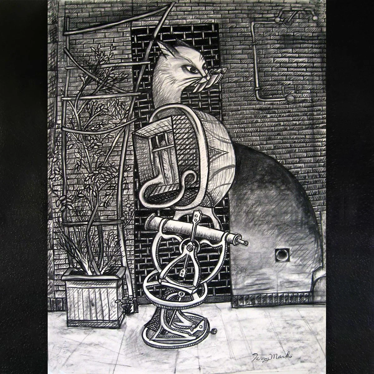 Cadavre Exquis (Exquisite Corpse) - cat scope- charcoal on paper- illustrated by Terry Marks