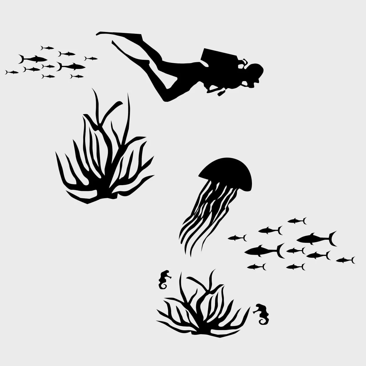diving underwater with fish, seahorses and sea plants-silhouette shadow flat version, illustrated by Terry Marks