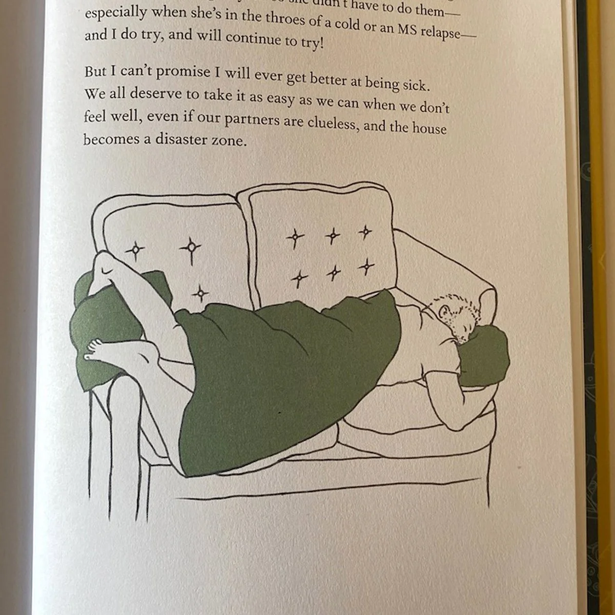 exhausted man sleeping on couch, line drawing for Dad Truths, book interior page, illustrated by Terry Marks