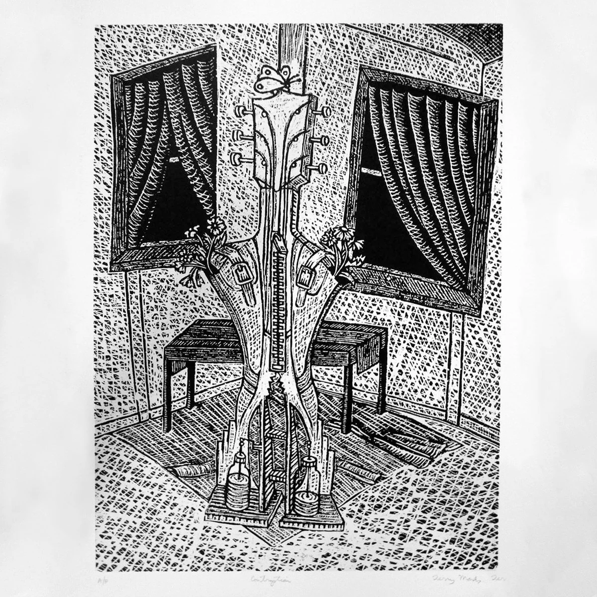 Cadavre Exquis (Exquisite Corpse) - butterfly zipper between windows-hand pulled woodcut on heavy paper- illustrated by Terry Marks