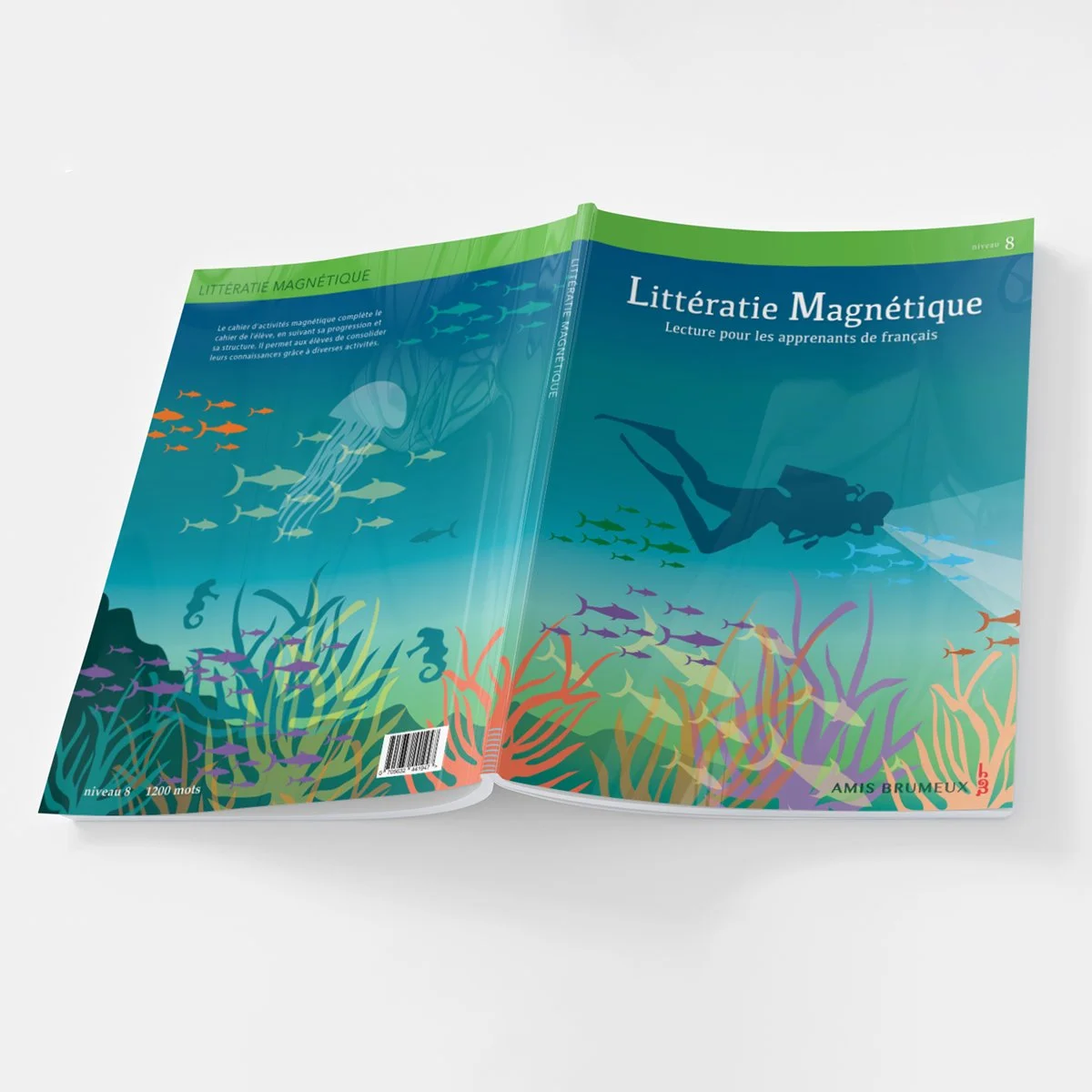 diving underwater with fish, seahorses and sea plants on soft-back open book cover, illustrated by Terry Marks