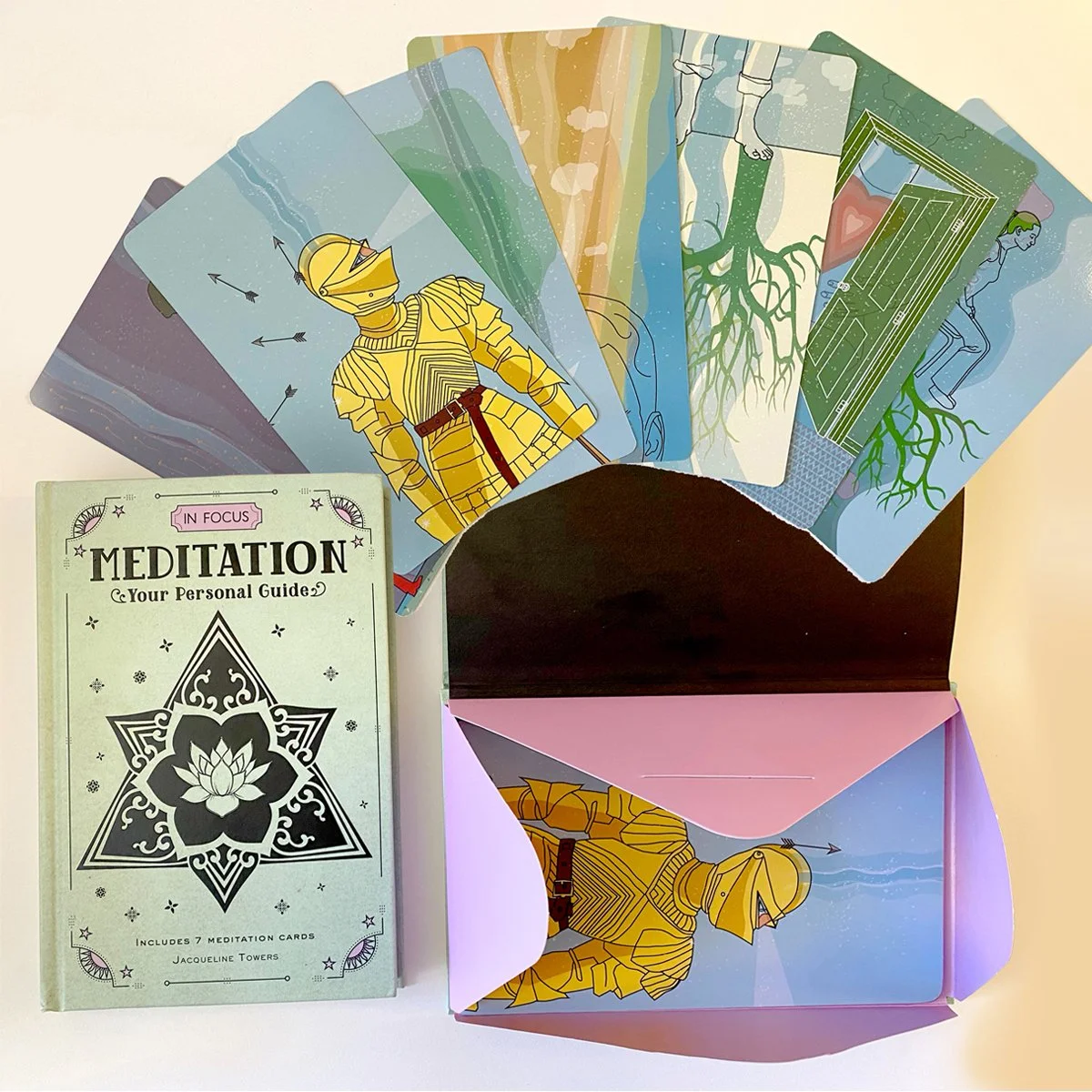 Meditation visualization cards and book cover, arrows bouncing off armor, tree roots, open door, illustrated by Terry Marks