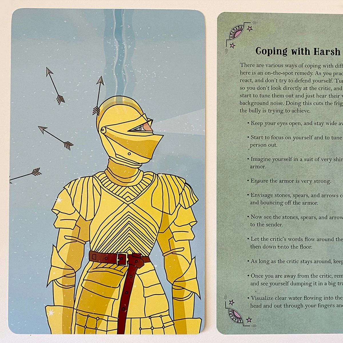 Meditation visualization card, arrows bouncing off armor, illustrated by Terry Marks