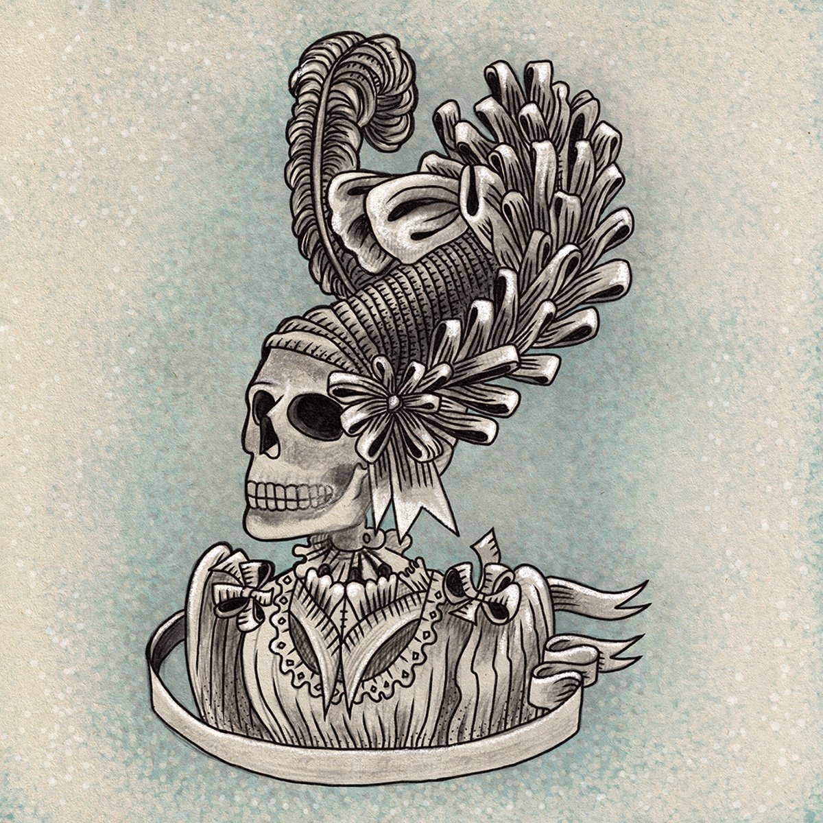 Victorian Macabre, skull with ribboned hat and blouse, illustrated by Terry Marks