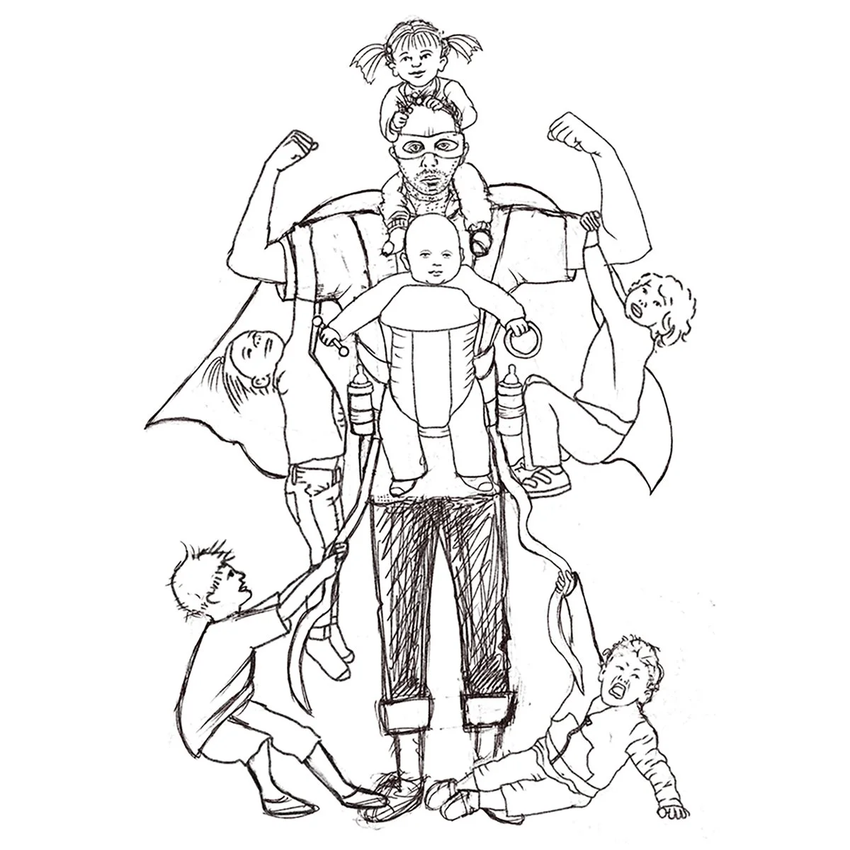 Dad Truths cover illustration first draft sketch, super-hero dad besieged by many climbing attention-seeking kids, illustrated by Terry Marks