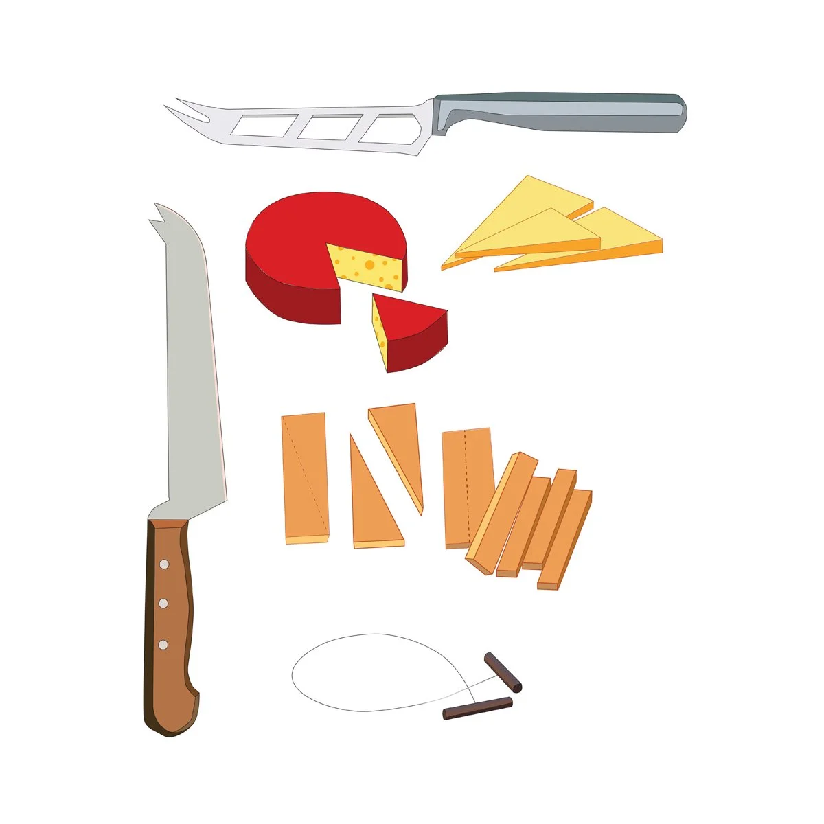 cheeses, cheese knives, cheese cutting wire, illustrated by Terry Marks