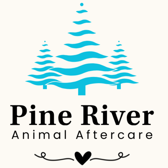 Logo of Pine River Animal Aftercare featuring stylized blue pine trees and a heart with decorative lines.