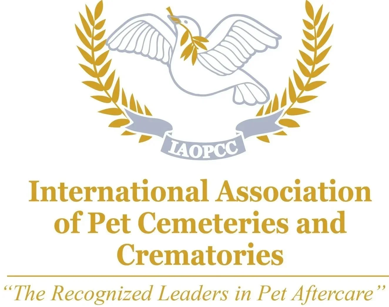 Logo of the International Association of Pet Cemeteries and Crematories, featuring a dove holding an olive branch, encircled by two golden laurel branches, with the organization's abbreviation IAPCC and the tagline 'The Recognized Leaders in Pet Aftercare'
