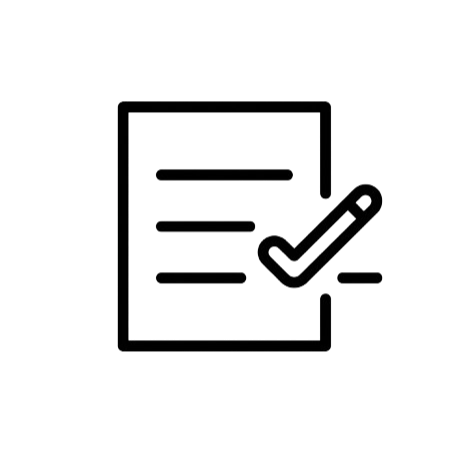 An icon of a document with three lines of text and a checkmark symbol, indicating approval or completion.