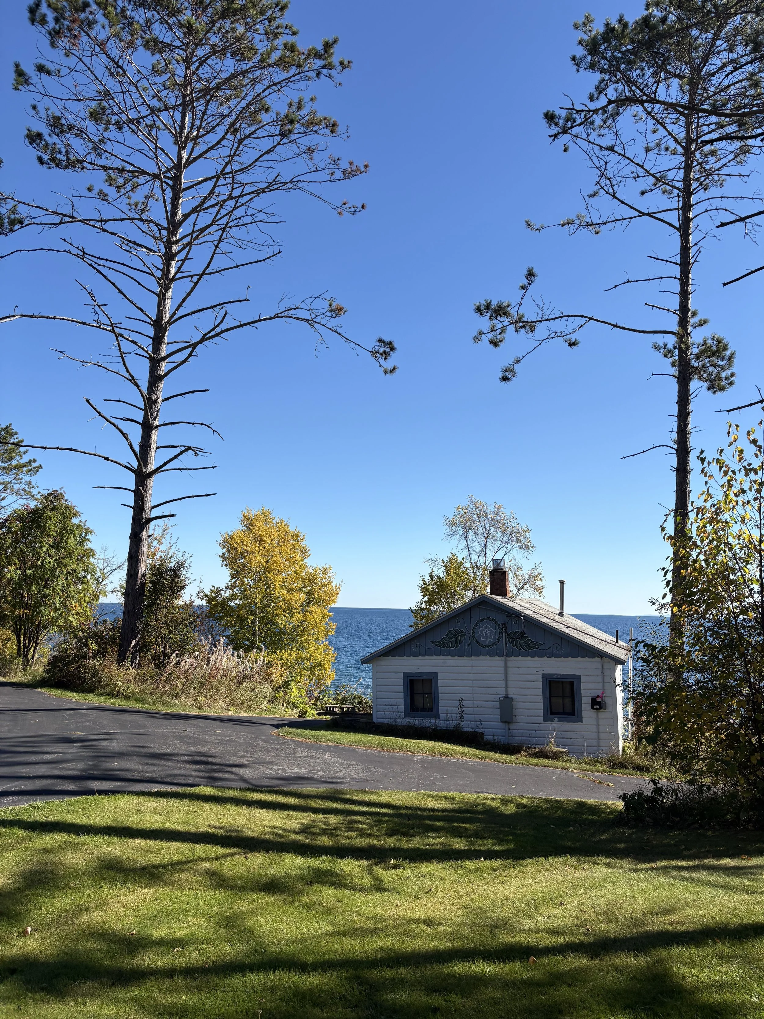 A small white house with blue accents near a body of water, surrounded by trees and grass, with a paved driveway in front and a clear blue sky above.