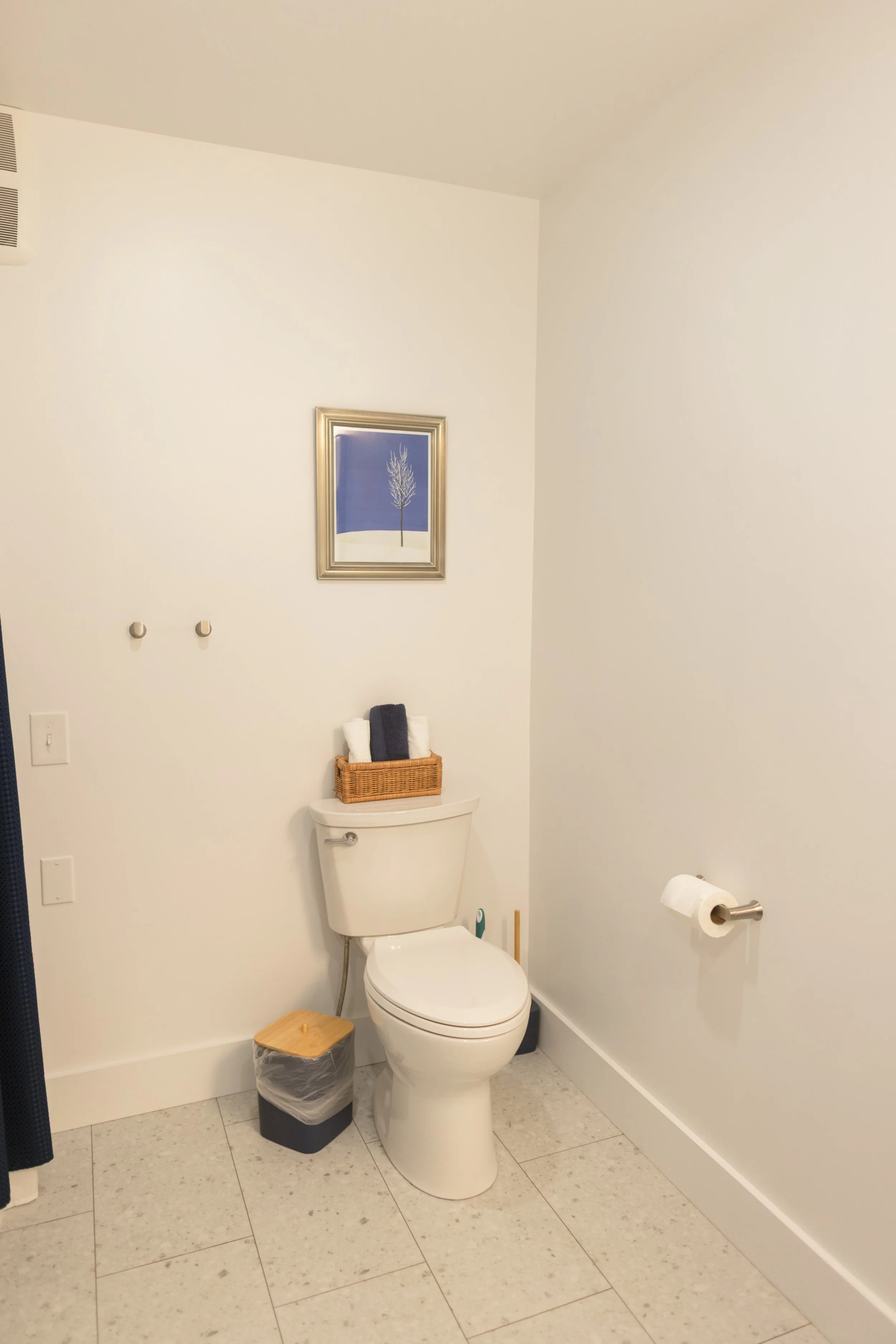 A clean, white bathroom with a toilet, a small trash bin, a framed picture of a tree above the toilet, and a toilet paper roll on the wall.