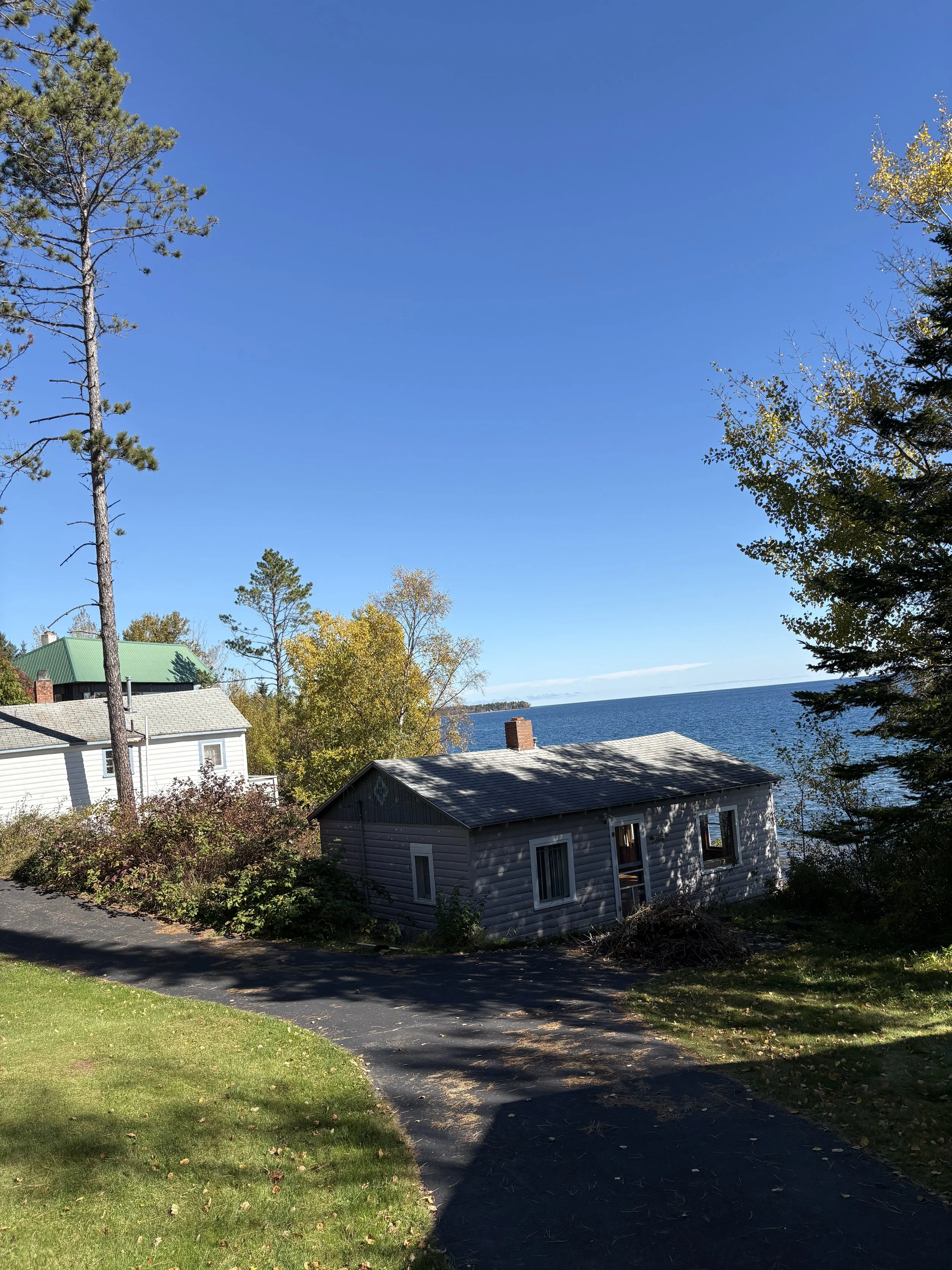 A view of a coastal landscape with trees, houses, and the ocean under a clear blue sky.