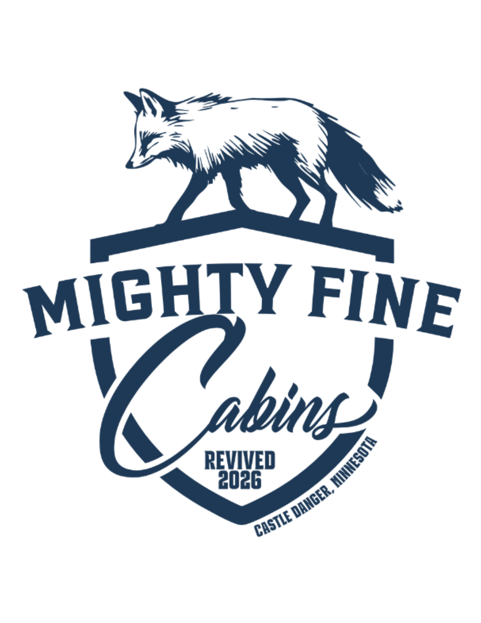 A logo featuring a fox head and text that reads 'Mighty Fine' and 'Cabins'