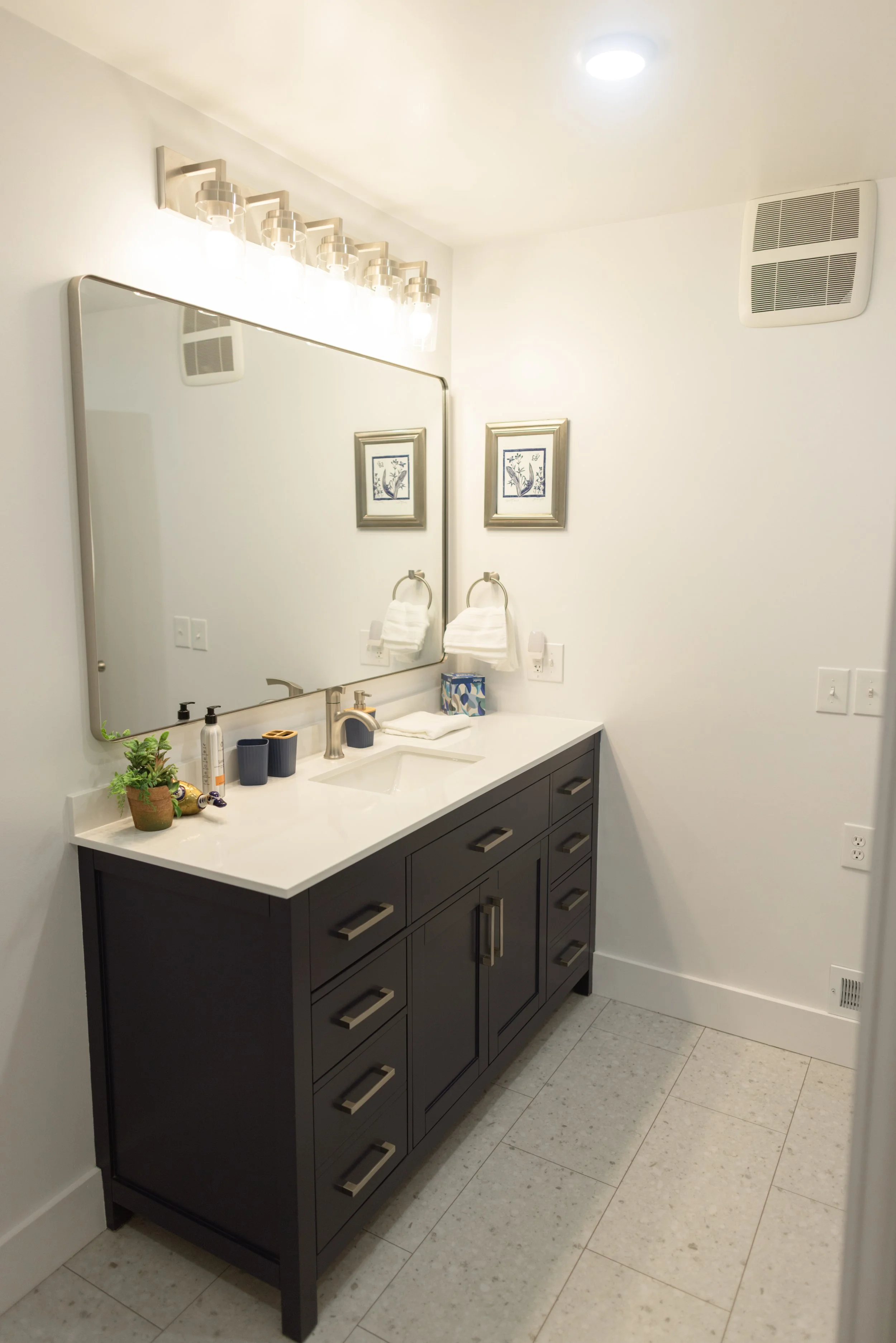 Modern bathroom vanity with a gray cabinet, white countertop, and a large mirror. The countertop has a small potted plant, toiletries, and a tissue box. Two framed pictures are on the wall above the sink, and there's a towel ring with a towel, a ligh