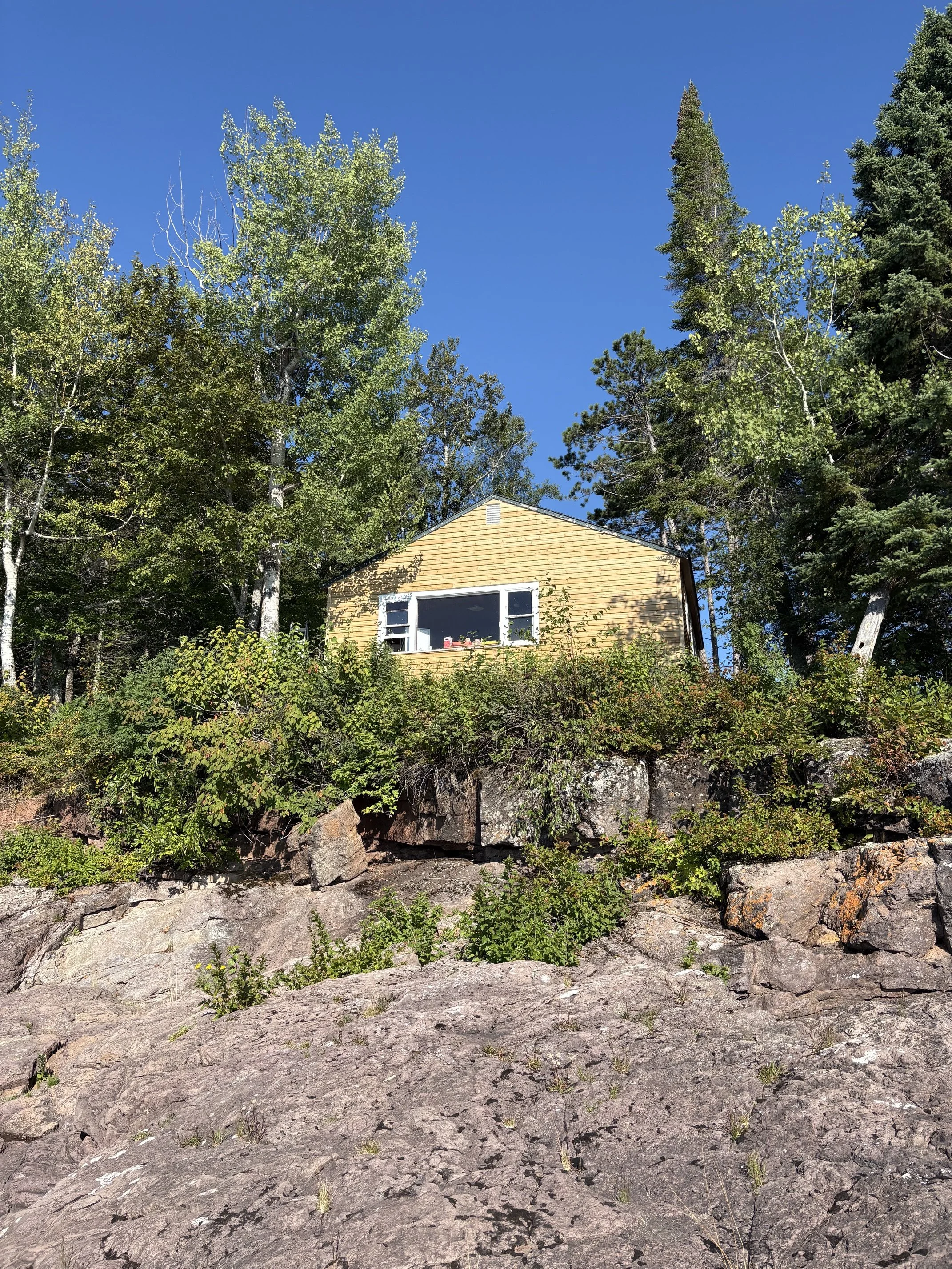A small yellow house with multiple windows sits on a hill, surrounded by green trees and bushes, under a clear blue sky.