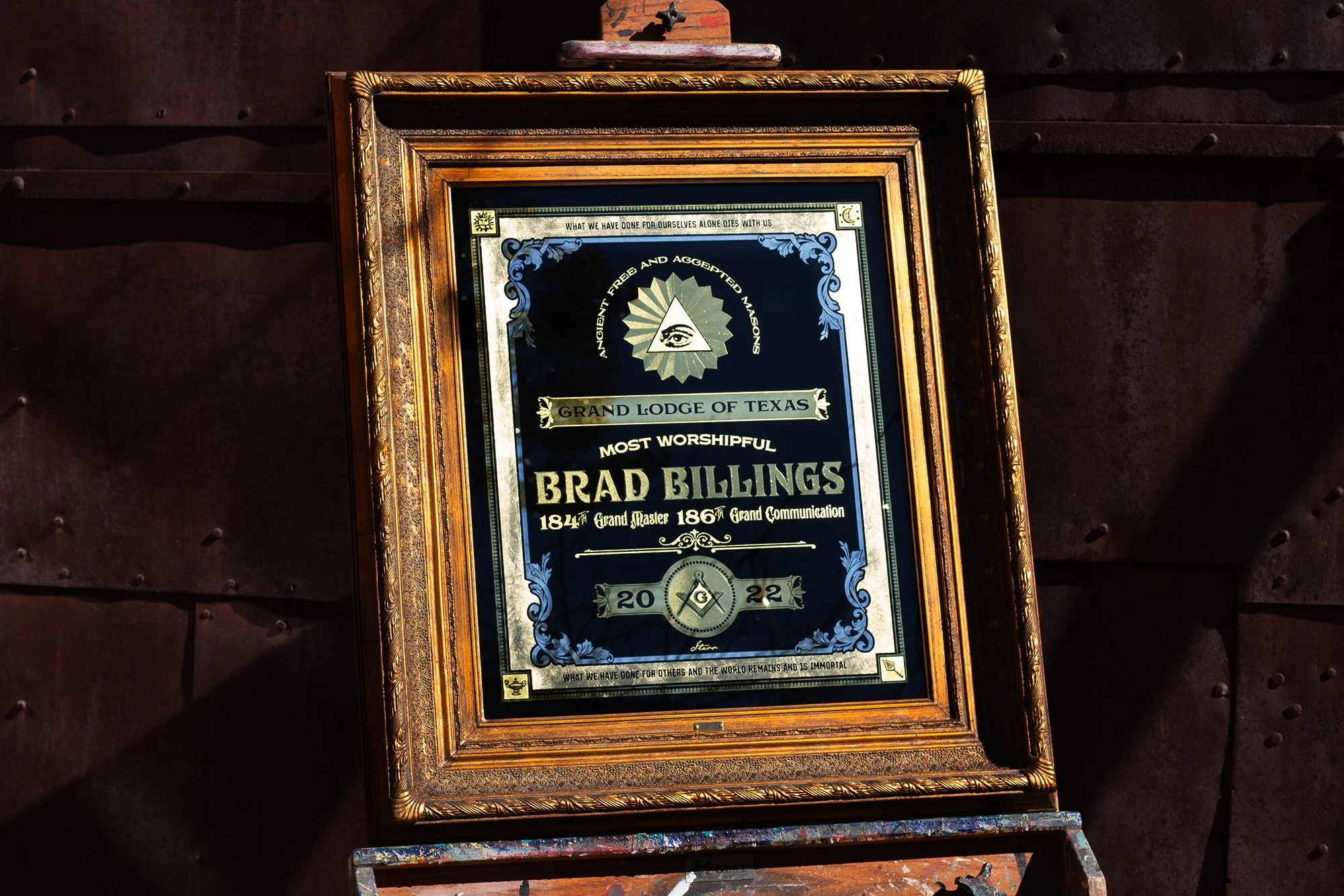 Framed certificate from the Grand Lodge of Texas honoring Brad Billings as Most Worshipful Grand Master in 2022.