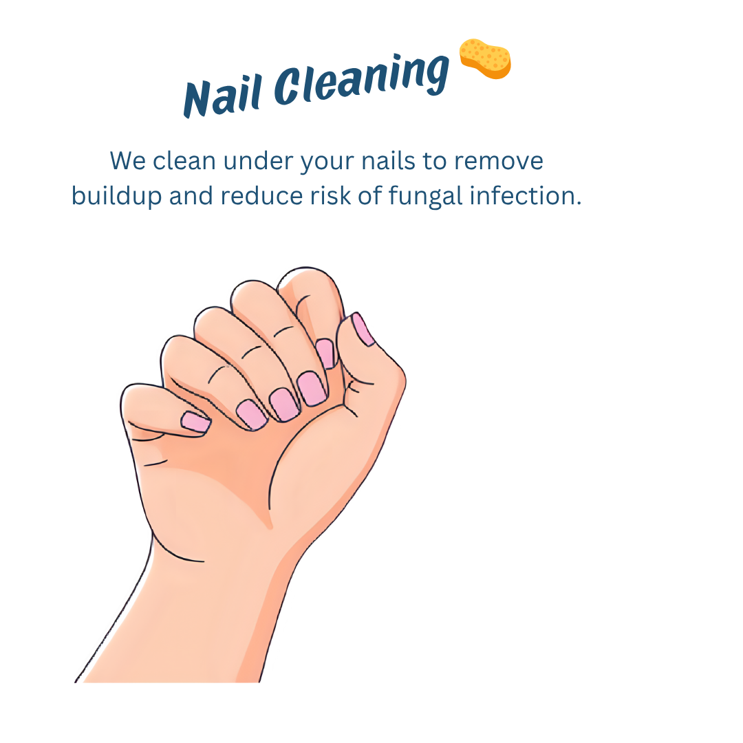 Illustration of a clenched hand with manicured nails, next to text about nail cleaning to remove buildup and reduce fungal infection risk.