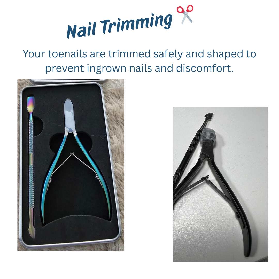 Comparison of nail trimming tools, including a set of cuticle nippers and a toenail clipper.