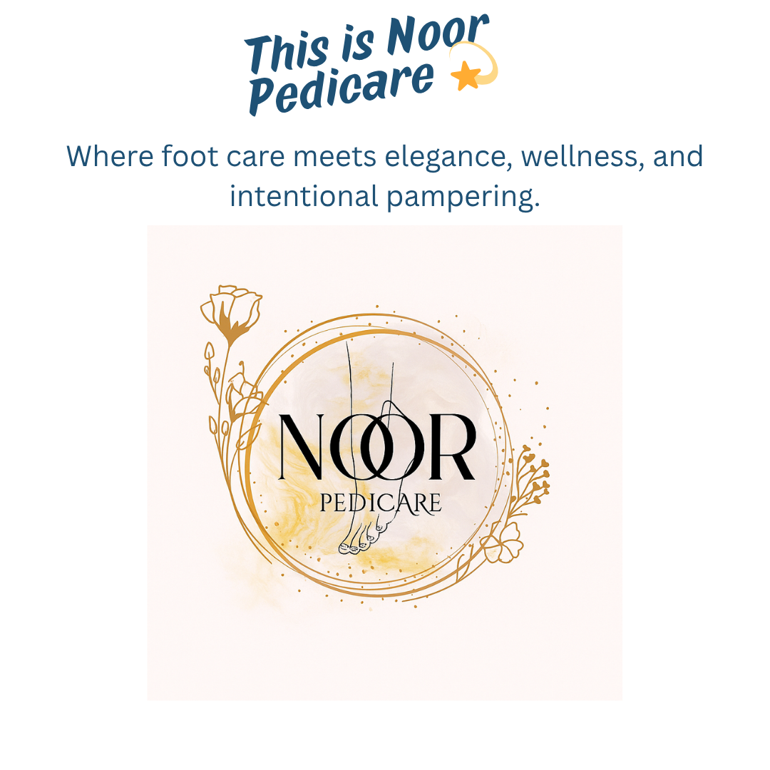 Logo for Noor Pedicare with a gold floral design and feet outline, accompanied by text describing a foot care brand that combines elegance and wellness.
