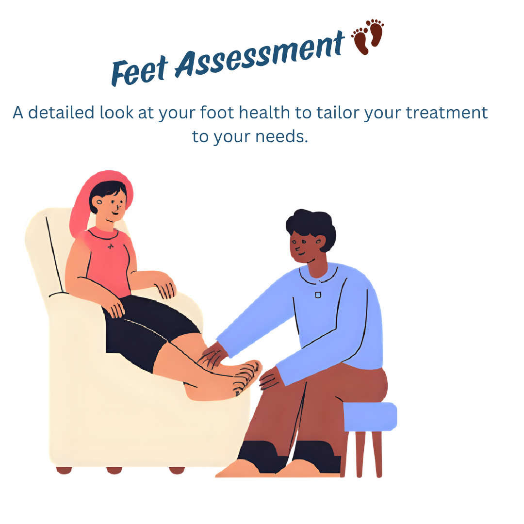 Illustration of a foot assessment exam with a healthcare professional examining a woman's foot, sitting on a stool, with text about foot health and treatment tailoring.