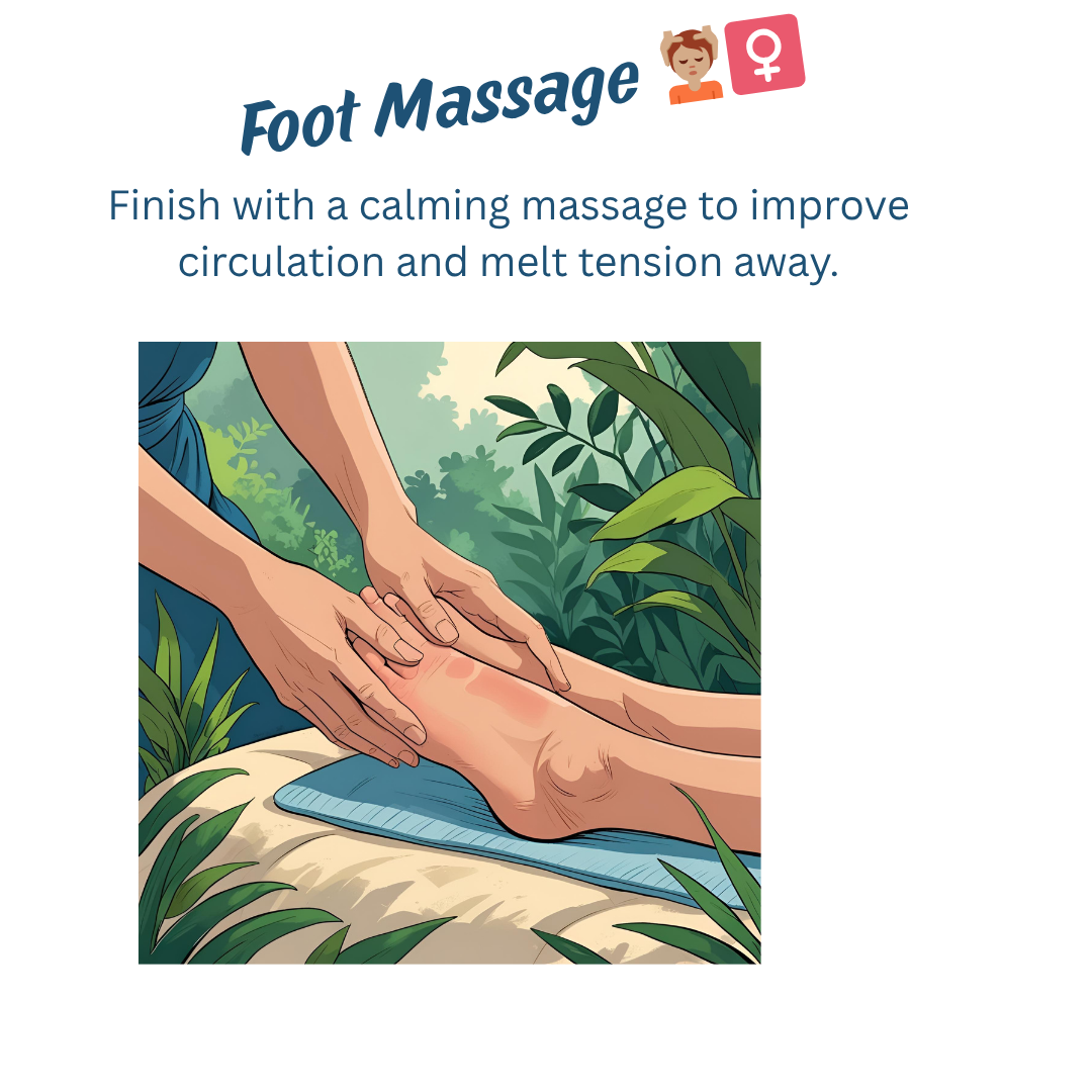 Illustration of a person receiving a foot massage outdoors in nature, surrounded by green plants.