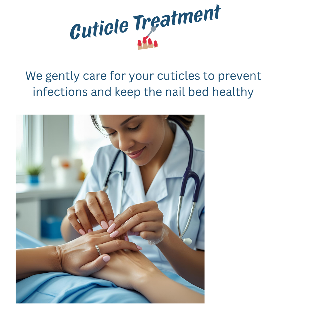 A healthcare professional caring for a patient's cuticles during a manicure, with the text 'Cuticle Treatment' and information about nail health.