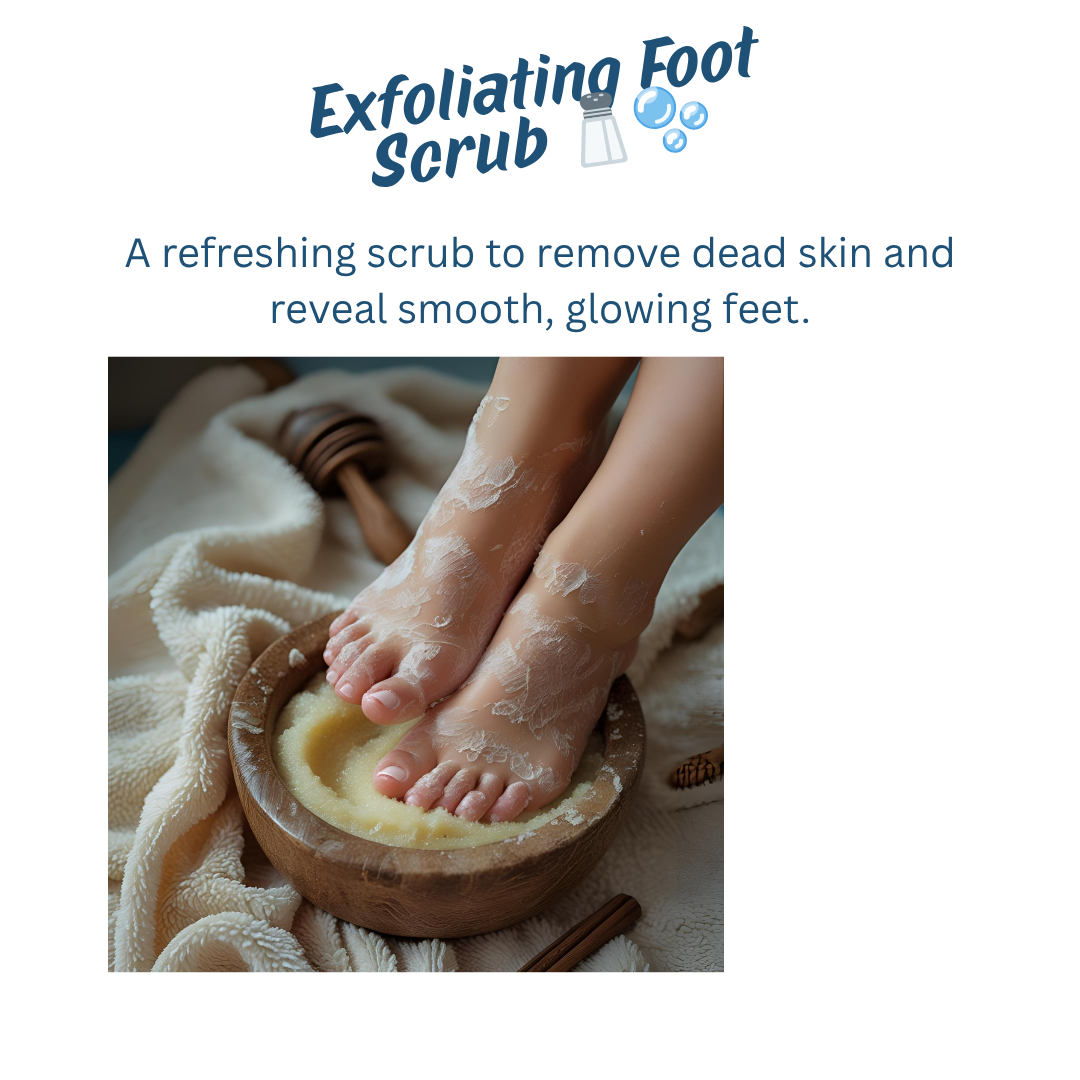 Feet soaking in a wooden bowl, being scrubbed with a foot scrub, on soft towels with spa accessories nearby.