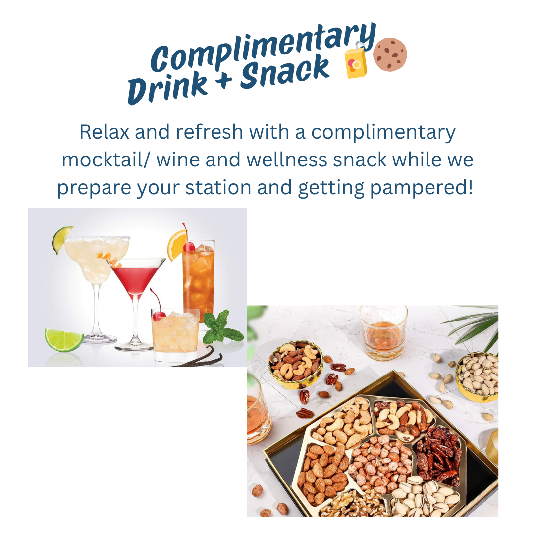 Promotional sign offering a complimentary drink and snack with images of cocktails and mixed nuts on a table for a pedicure services.