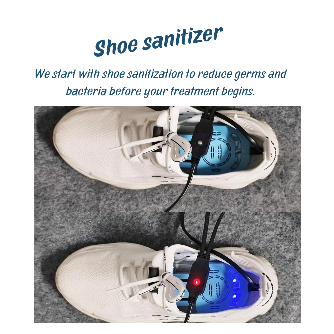 A top view of a pair of white athletic shoes with shoe sterilizer devices inside, one with a red light and the other with a blue light, connected by wires, placed on a gray carpet. The text above indicates shoe sterilization process.