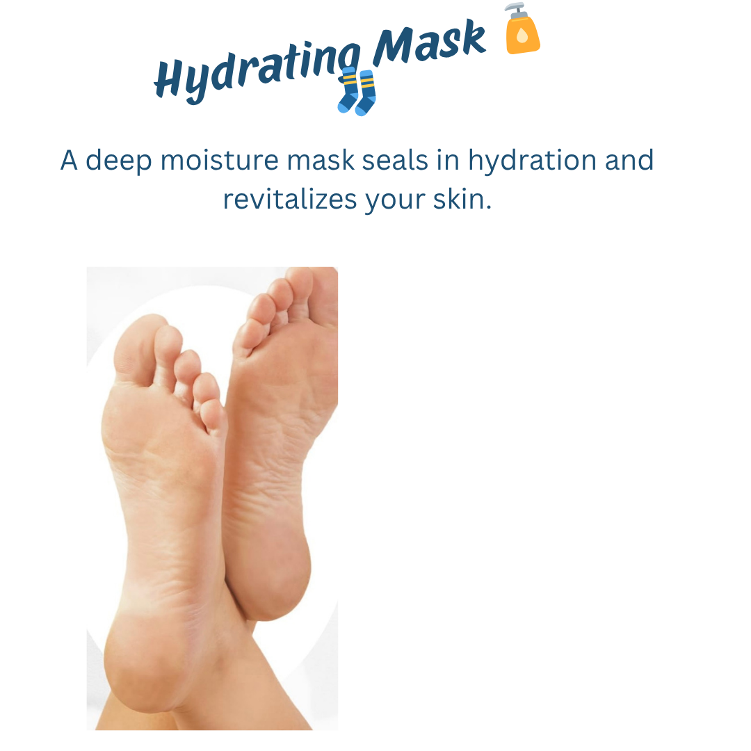 Close-up of a person’s feet with dry skin, illustrating the need for moisturizing, with an overlay of text about a hydrating mask.