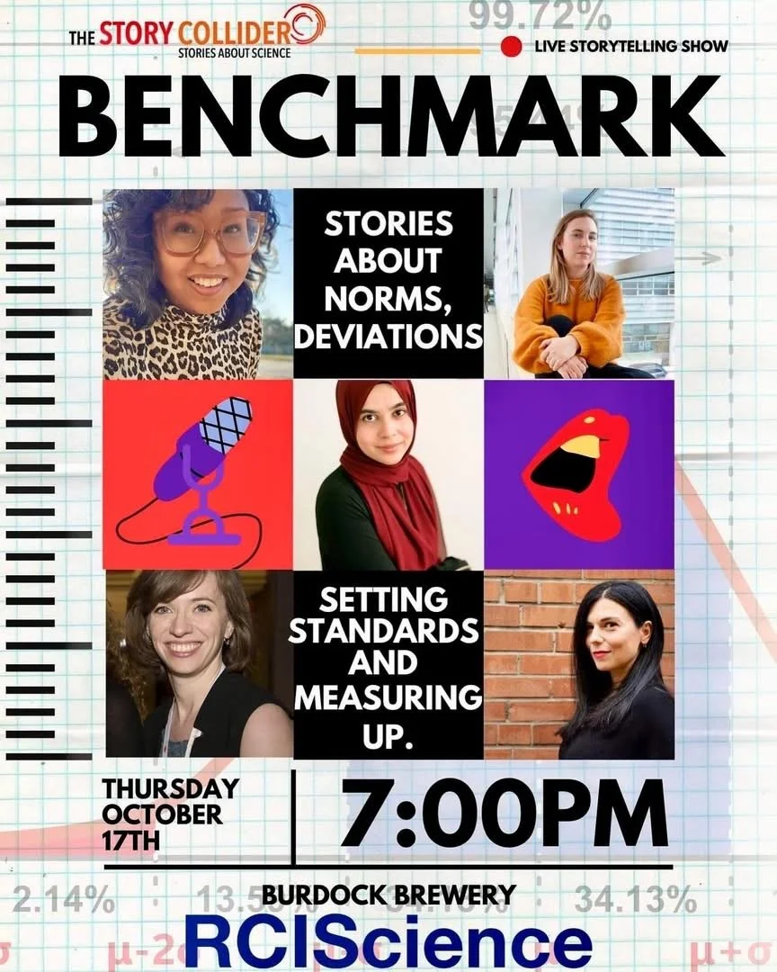 Poster of The Story Collider Show with the theme Benchmark in Toronto on October 7 2025 at The Burdock Brewery