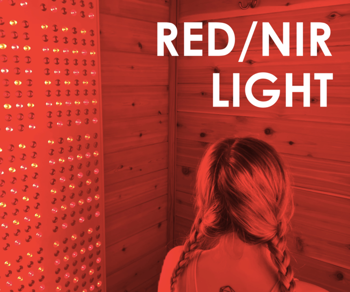 Photobiomodulation red light therapy at Float Seattle, woman using near-infrared (NIR) panels for recovery, relaxation, and wellness