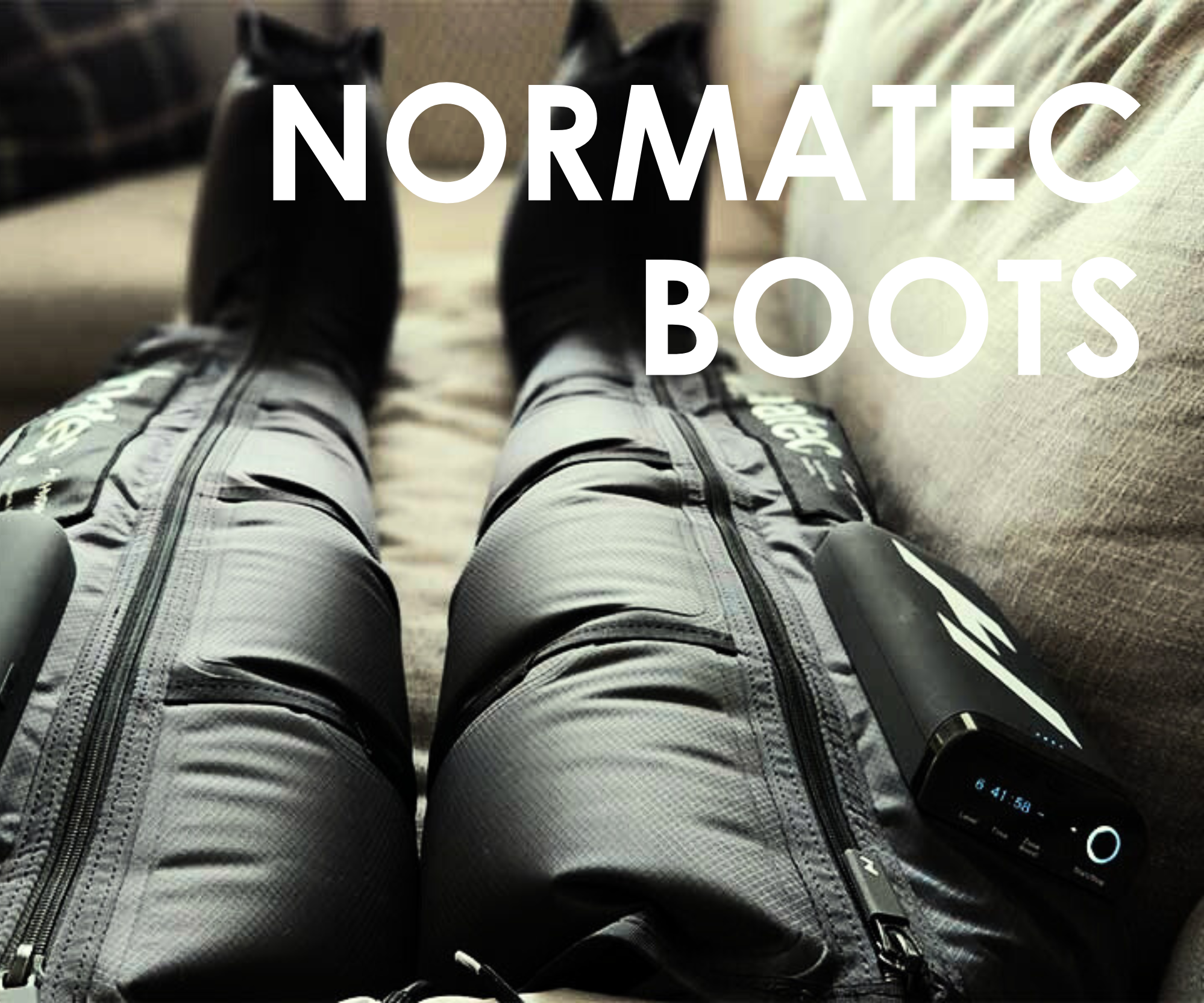 Normatec compression boots at Float Seattle, used for recovery, circulation, and muscle relaxation