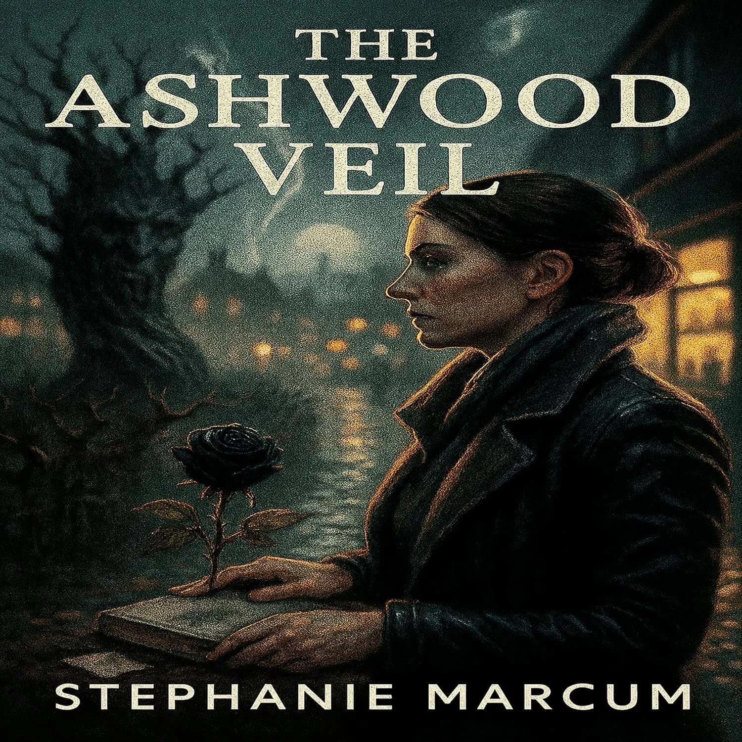 Book cover for 'The Ashwood Veil' by Stephanie Marcum featuring a woman in profile holding a black rose, with a dark, mysterious background and a twisted ashwood tree.