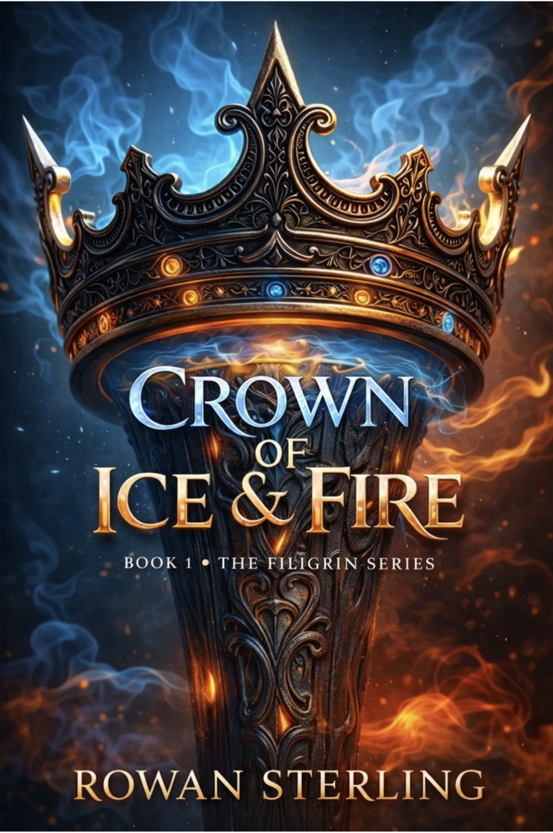 Book cover titled "Crown of Ice & Fire" by Rowan Sterling. Features a dark ornate crown with glowing blue and orange flames behind it.