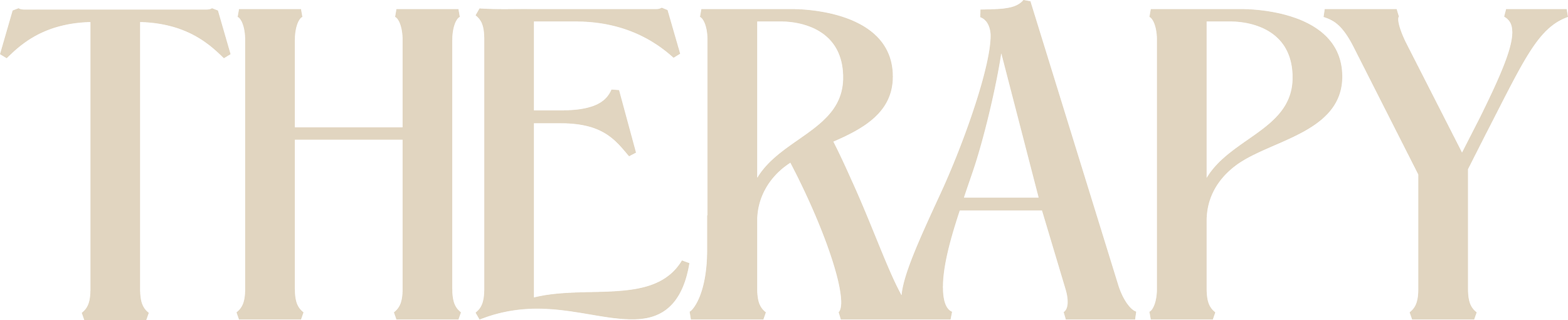 Text that reads 'THERAPY' in large ornate beige letters against a black background.