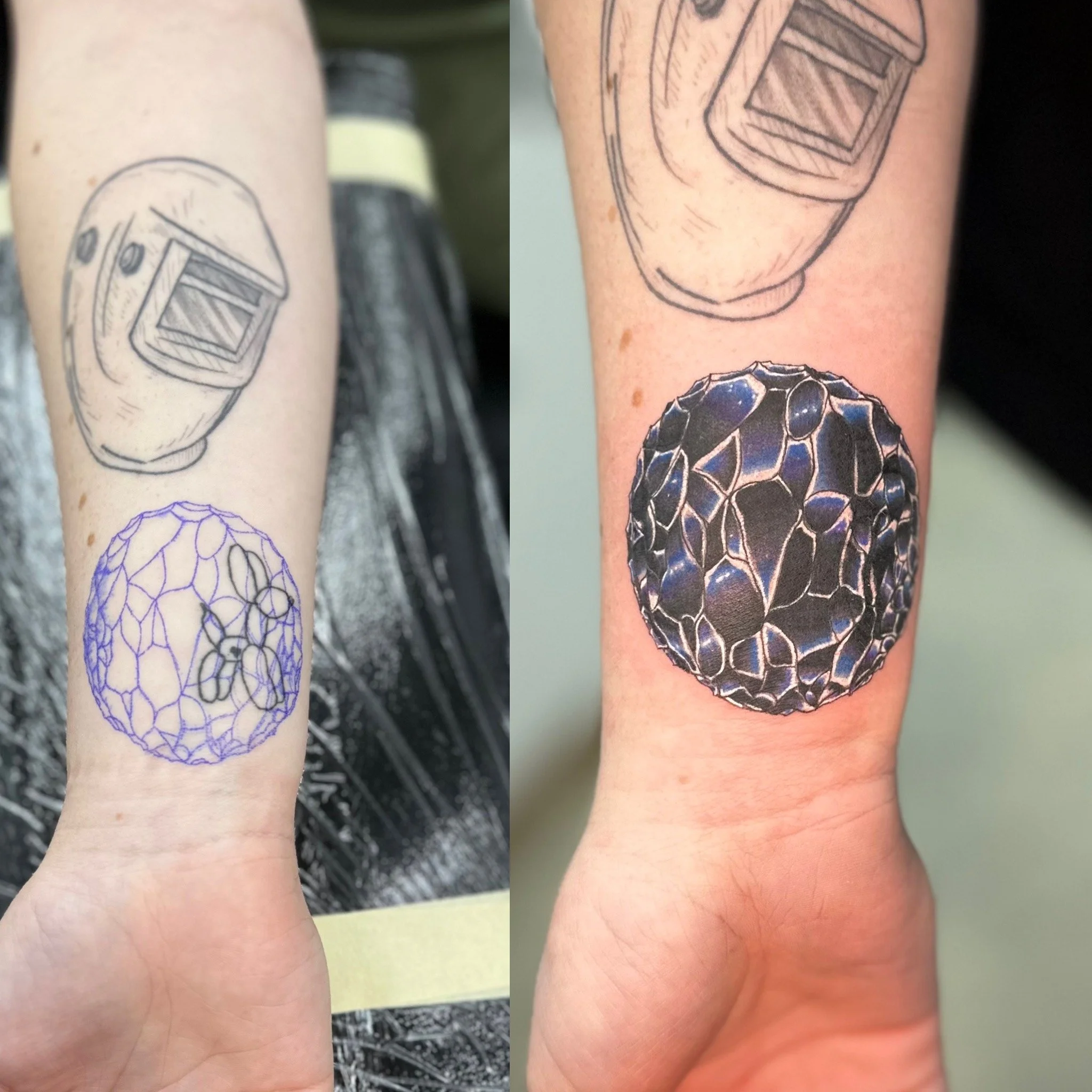 Tattoo process of a geometric sphere with a butterfly inside, showing outline and colored versions.