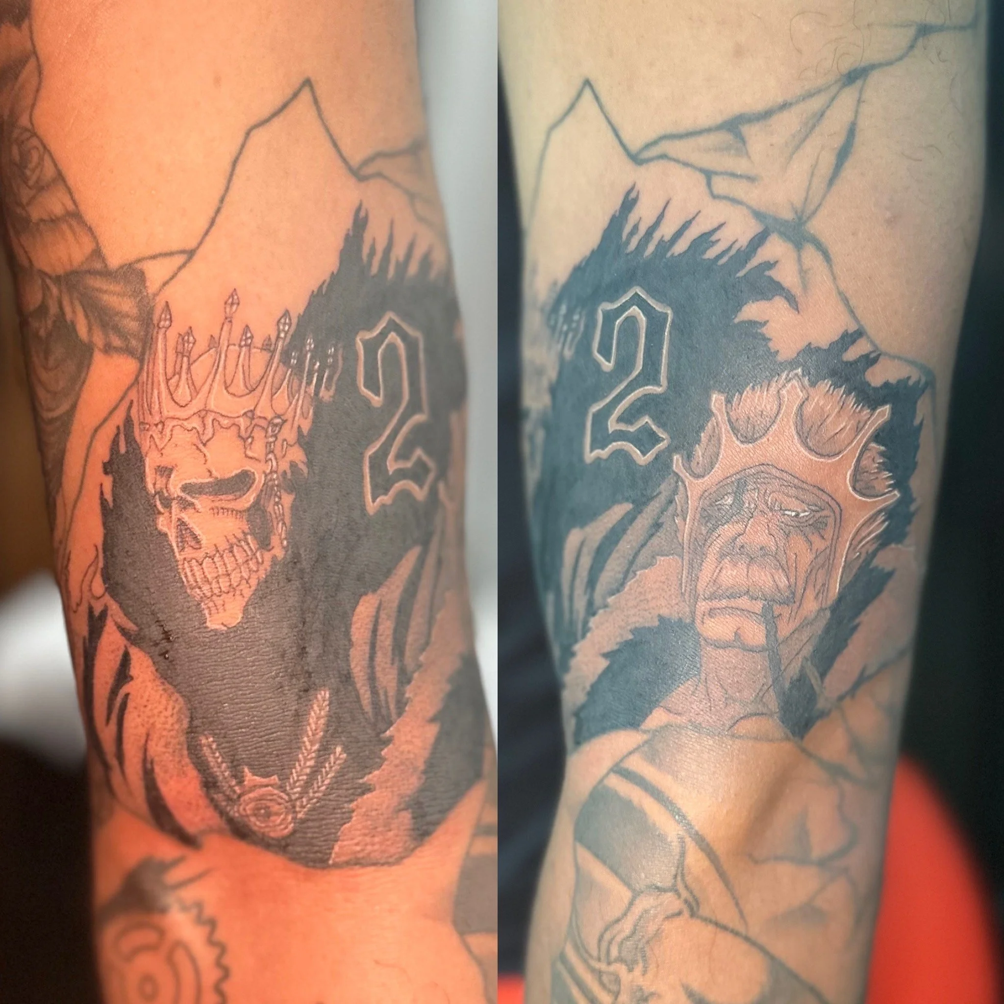 Tattoo of a human skull with a crown on its head and flames around it on a person's arm.