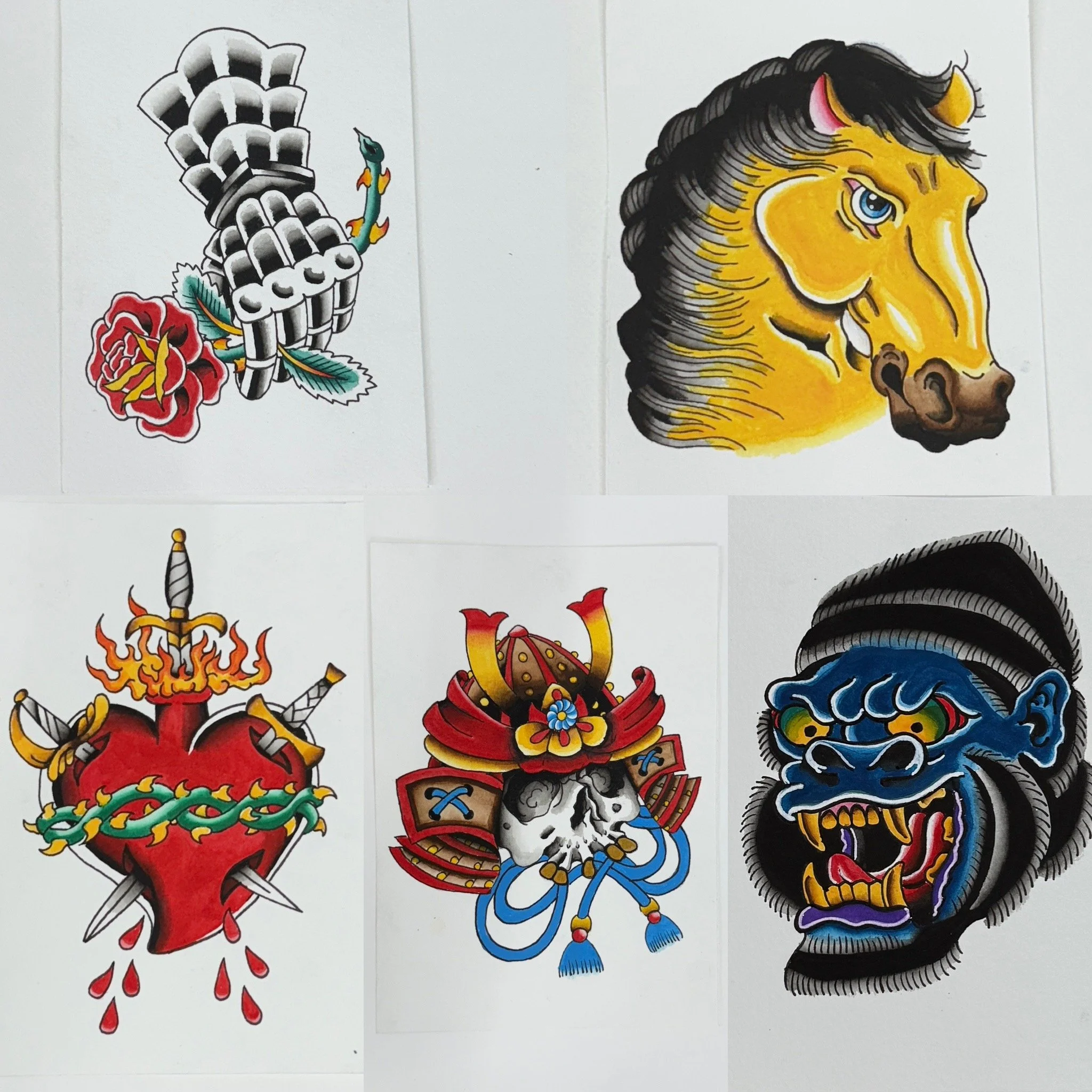 Six tattoo-style images featuring traditional tattoo motifs. Top row, left: a black and gray snake entwined with a red rose. Top row, right: a yellow horse's head with black mane. Bottom row, left: a red heart pierced by a dagger, with flames and a b