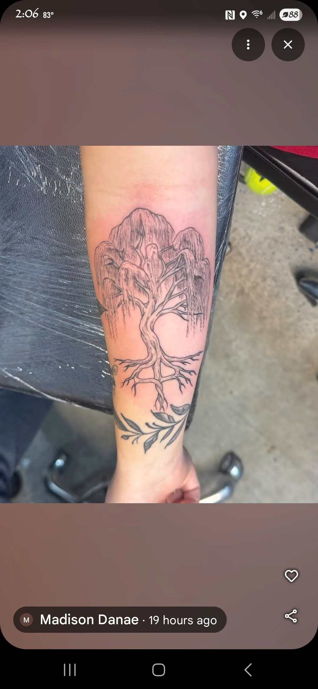 Line art tattoo of a tree with roots, branches, and leaves on a person's forearm.