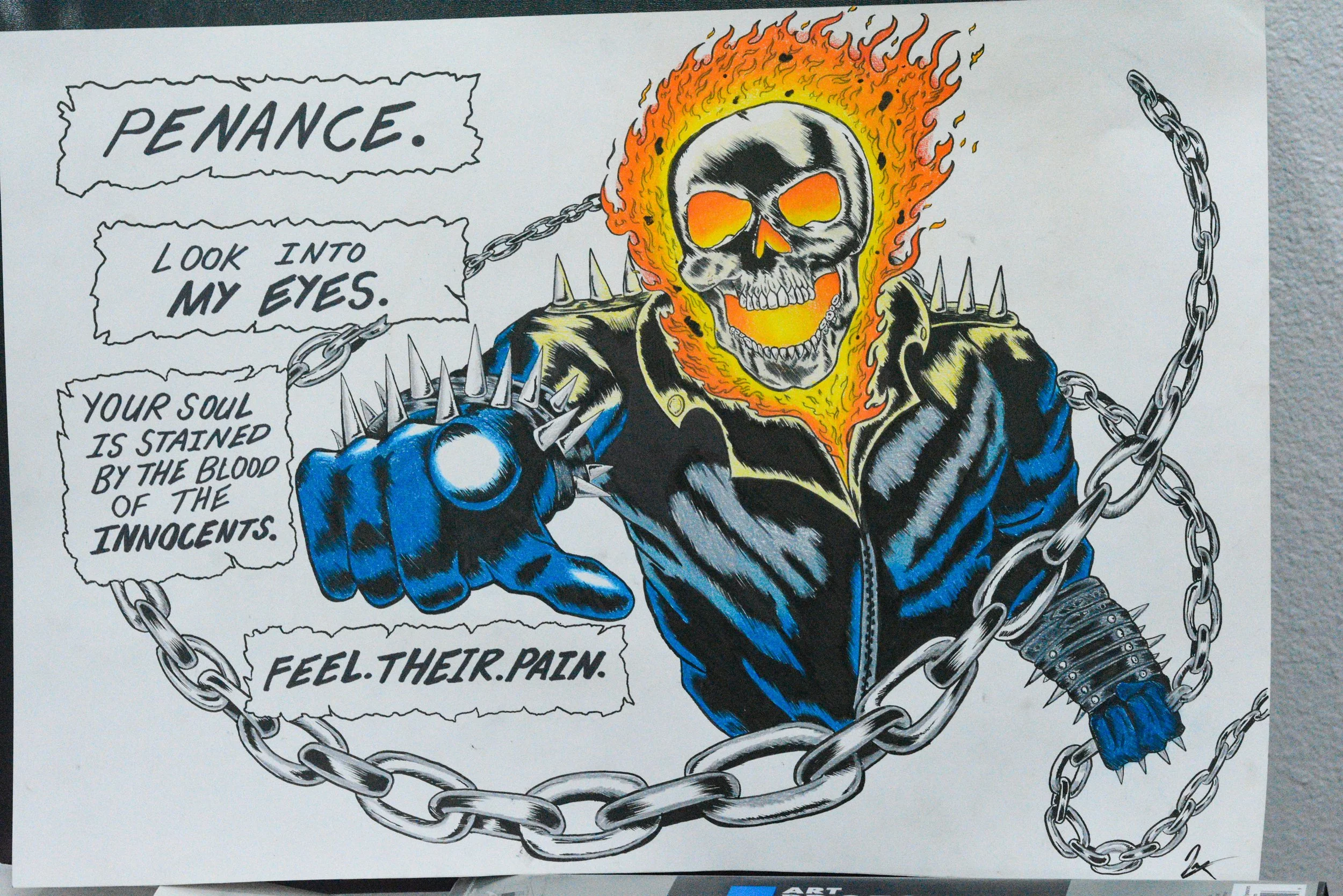 A fiery skull with an orange flame outline, dressed in a black leather jacket with spikes on the shoulders, points to the viewer with a spiked blue glove, surrounded by chains. Speech bubbles contain the words: "PENANCE," "LOOK INTO MY EYES," "YOUR S