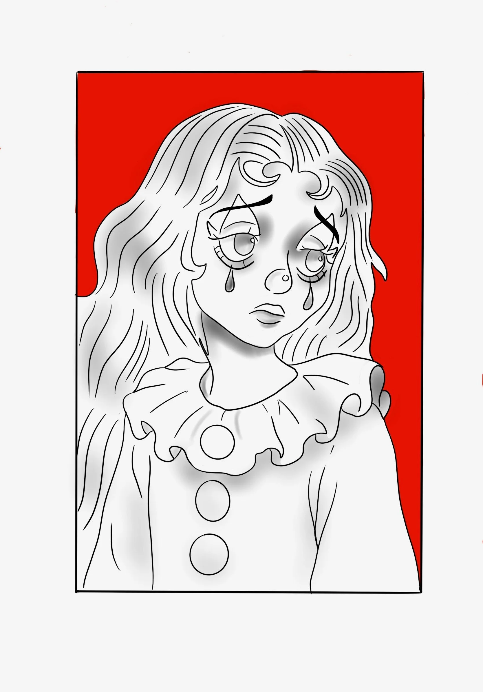 A black and white line drawing of a girl dressed as a clown with a ruffled collar and buttons, tears running down her face, set against a red background.
