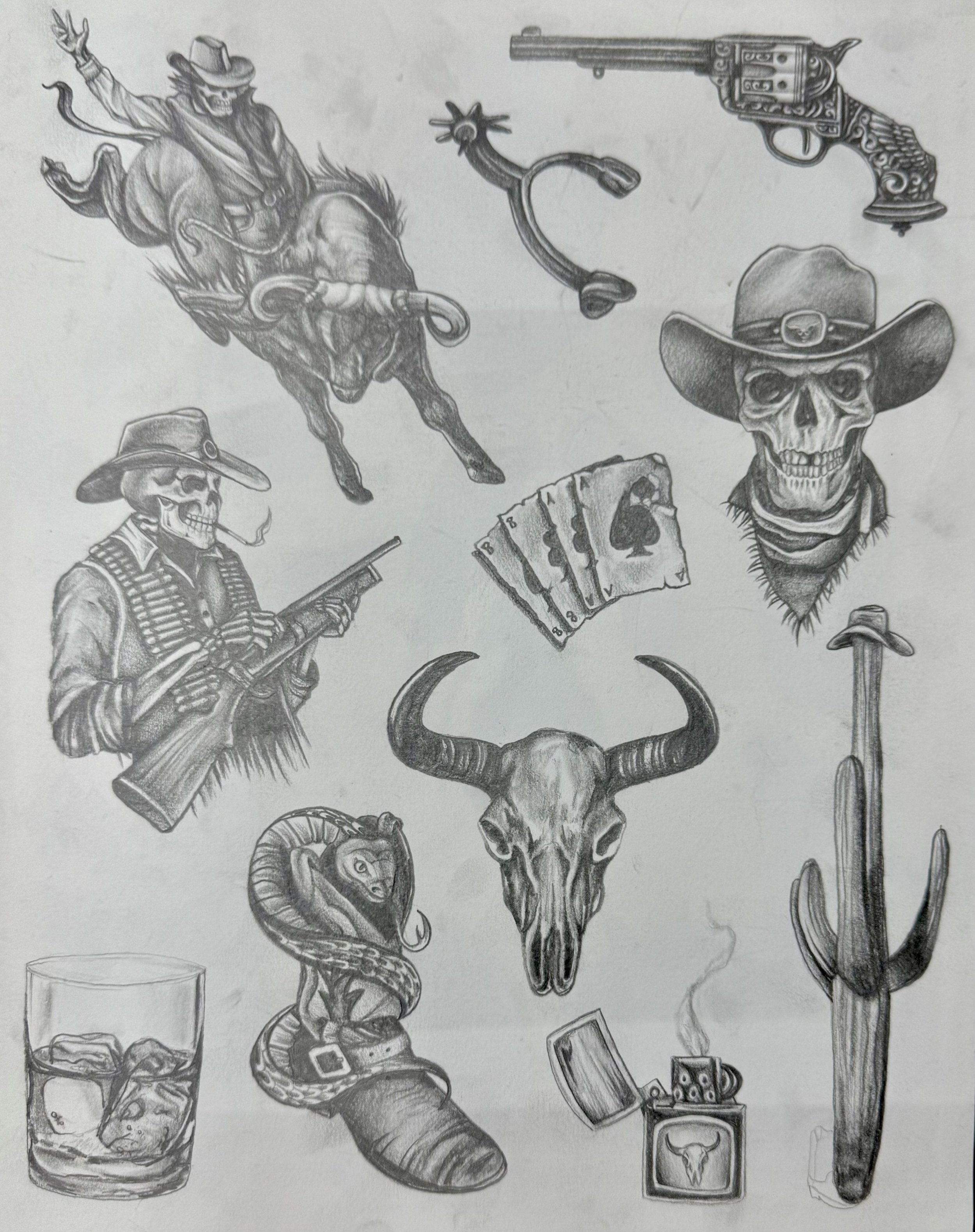 Collection of tattoo-style drawings including a cowboy riding a bull, a revolver, a skull with a cowboy hat, a skeleton with ammunition, playing cards, a bull skull, a snake in a boot, a whiskey glass with ice, a cigar, and a cactus.