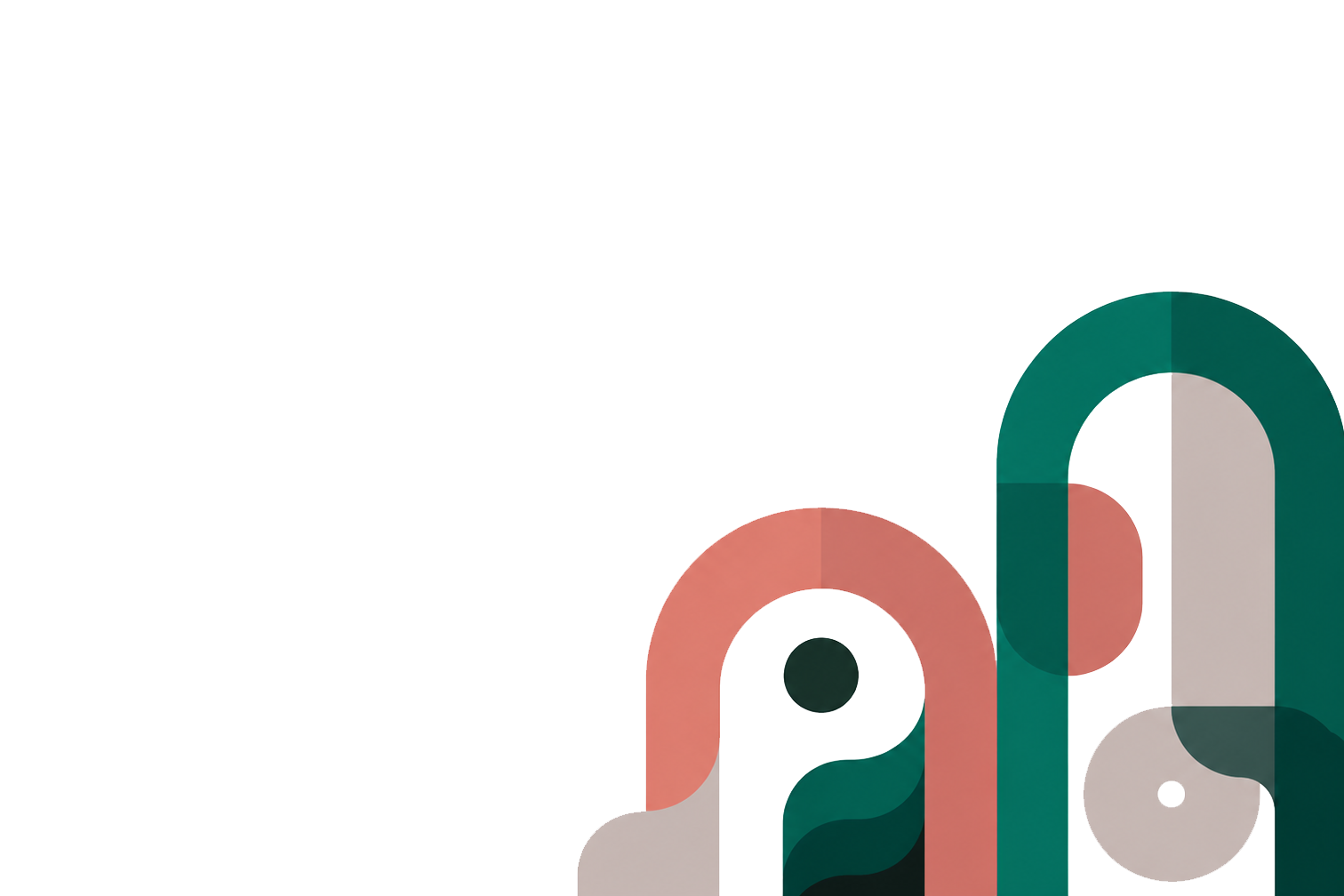 Abstract geometric illustration with overlapping coral, teal, cream, and pastel arch shapes on a black background