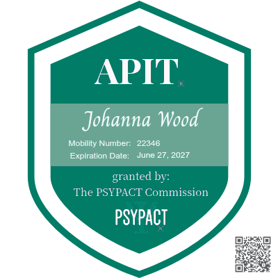 PSYPACT Commission APIT credential badge for Dr. Johanna Wood, mobility number 22346, expiring June 27, 2027