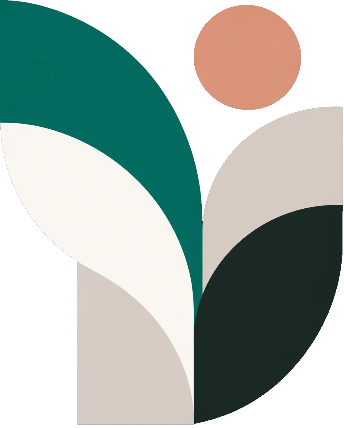 Abstract geometric illustration of overlapping teal, cream, beige, dark green, and peach shapes on a black background