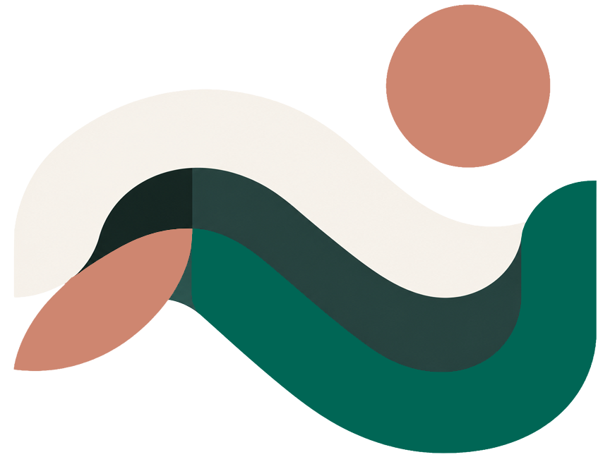 Abstract layered wave design in cream, dark green, teal, and coral on a transparent background