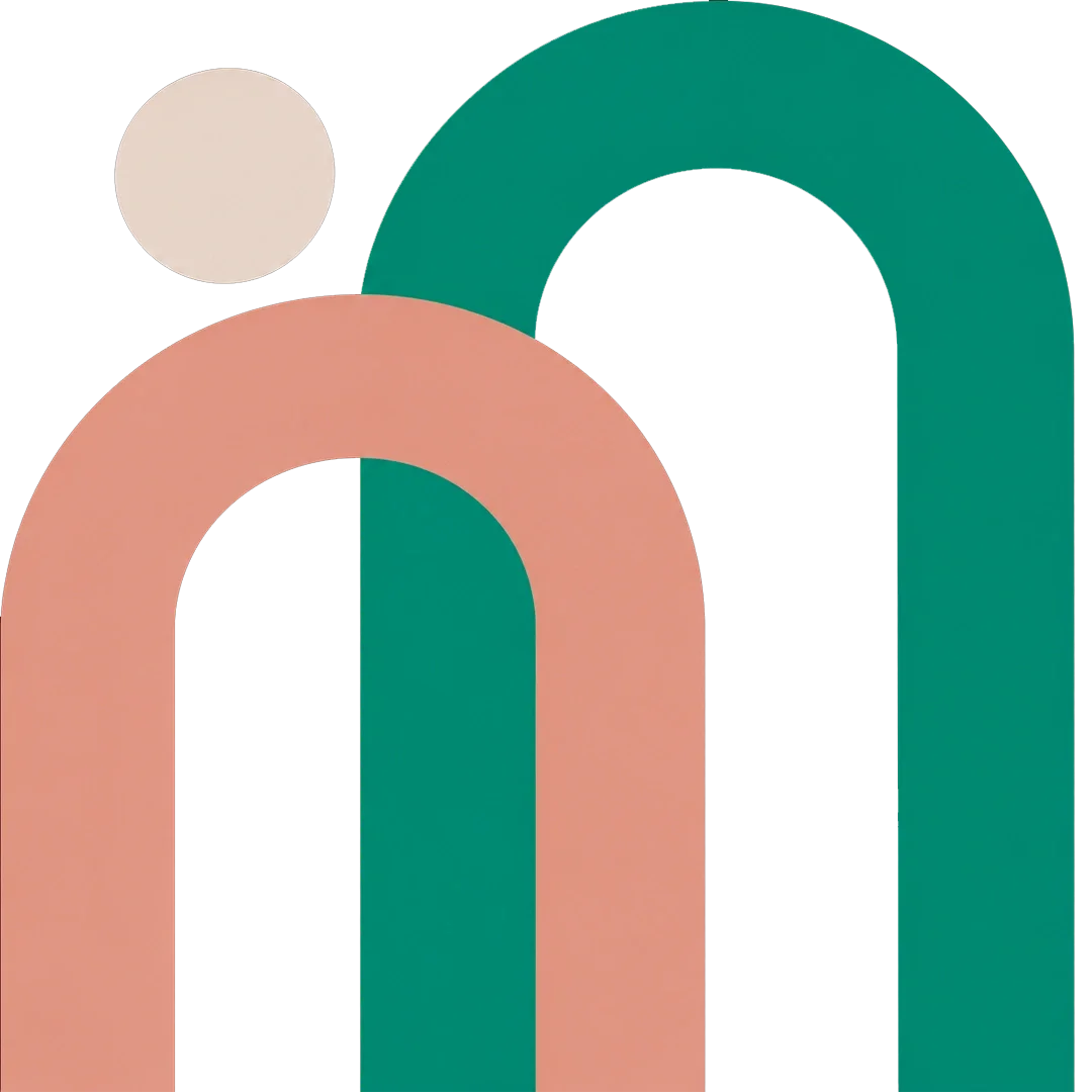 Abstract geometric illustration with overlapping coral and teal arches and a beige circle
